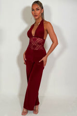 halter plunge neck wide leg occasion jumpsuit burgundy occasion christmas party outfit red