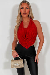 red lace cowl halter neck backless top styledup