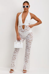 white sheer lace jumpsuit with skinny flare legs