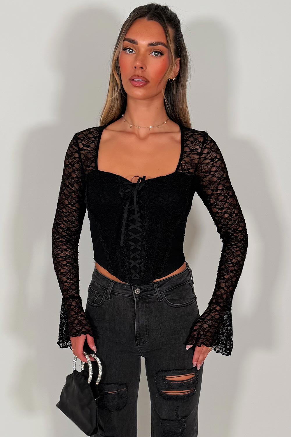 womens long lace sleeves black corset top date night festival outfit styledup 