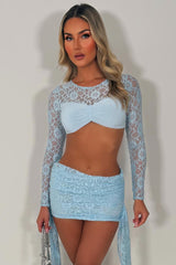 sky blue lace ruched side skirt and long sleeve top co ord summer holidays festival rave clothes uk