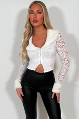 fur collar and cuff long sleeve lace top with plunging neckline styledup 