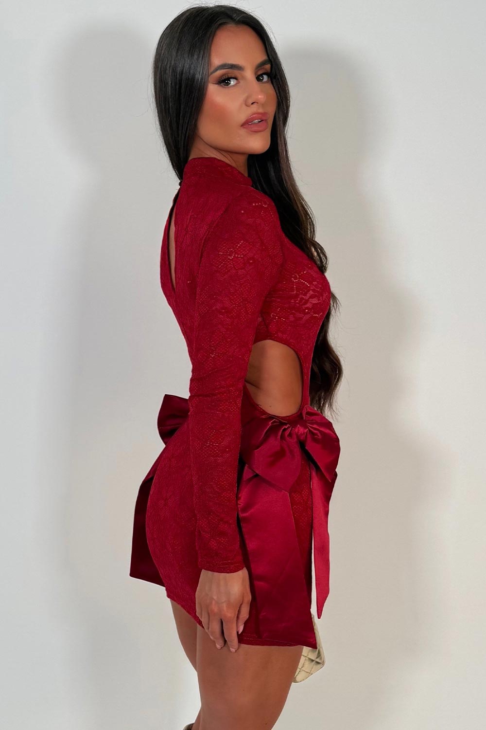 cut out bow detail long sleeve lace playsuit dress red styledup uk