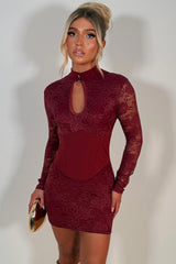burgundy lace long sleeve mini dress with corset detail cut out front night out christmas party outfit styledup uk