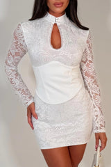 white lace long sleeve mini dress with corset detail cut out front night out christmas party outfit styledup uk