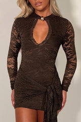 cut out front gold buckle long lace sleeve mini dress with drape sides styledup uk
