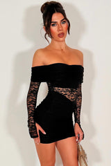 black lace mini dress with bardot neckline christmas party outfit styledup