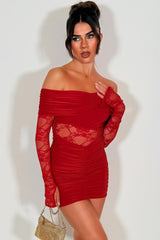 red lace dress with off the shoulder neckline long sleeves styledup 