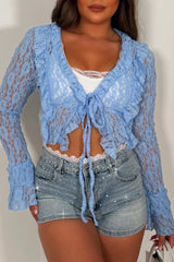 ruffle frilly long sleeve lace top sky blue