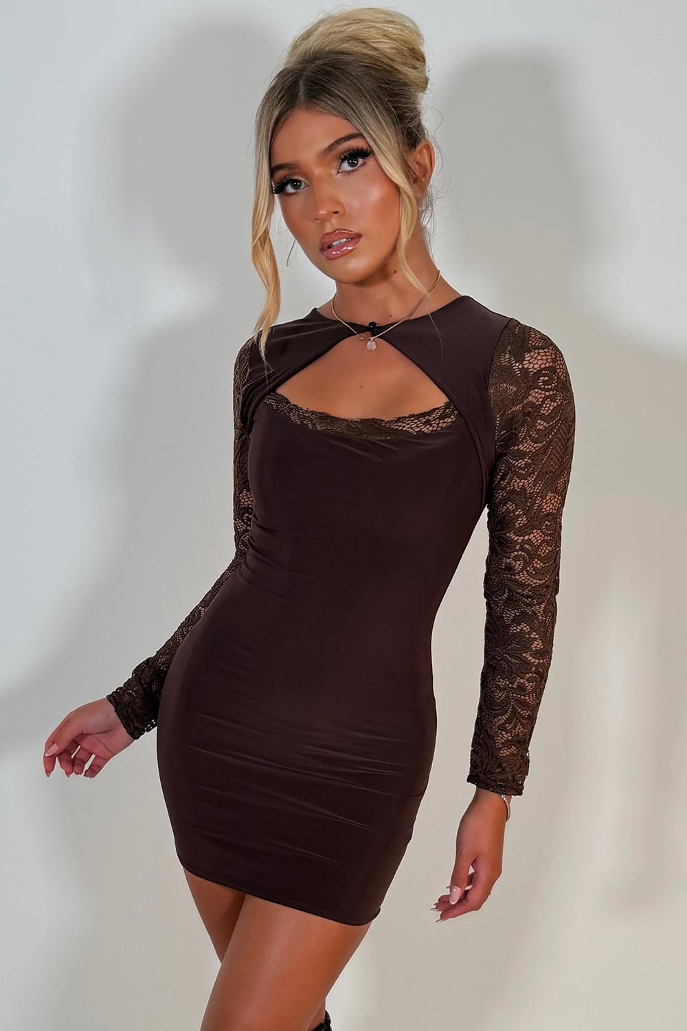 cut out front long lace sleeve mini dress styledup uk