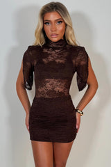 short sleeve high neck lace dress brown styledup uk
