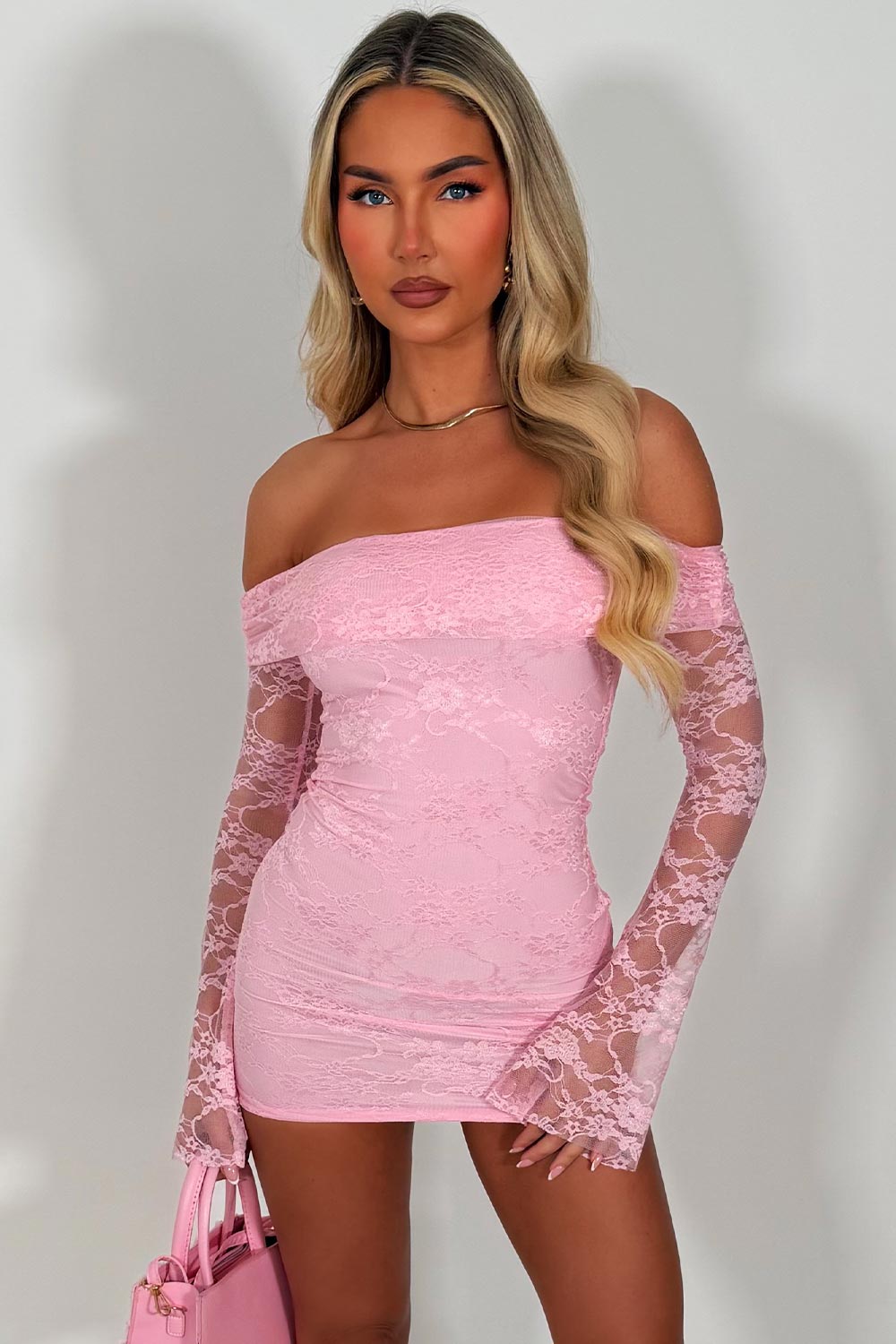 womens pink long sleeve lace dress off shoulder summer holiday outfit styledup uk sale white fox 