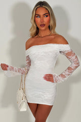 long sleeve lace dress off shoulder neckline summer party festival holidays outfit styledup white fox uk