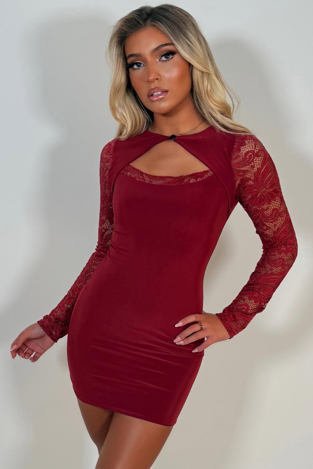 cut out long lace sleeve mini dress styledup uk