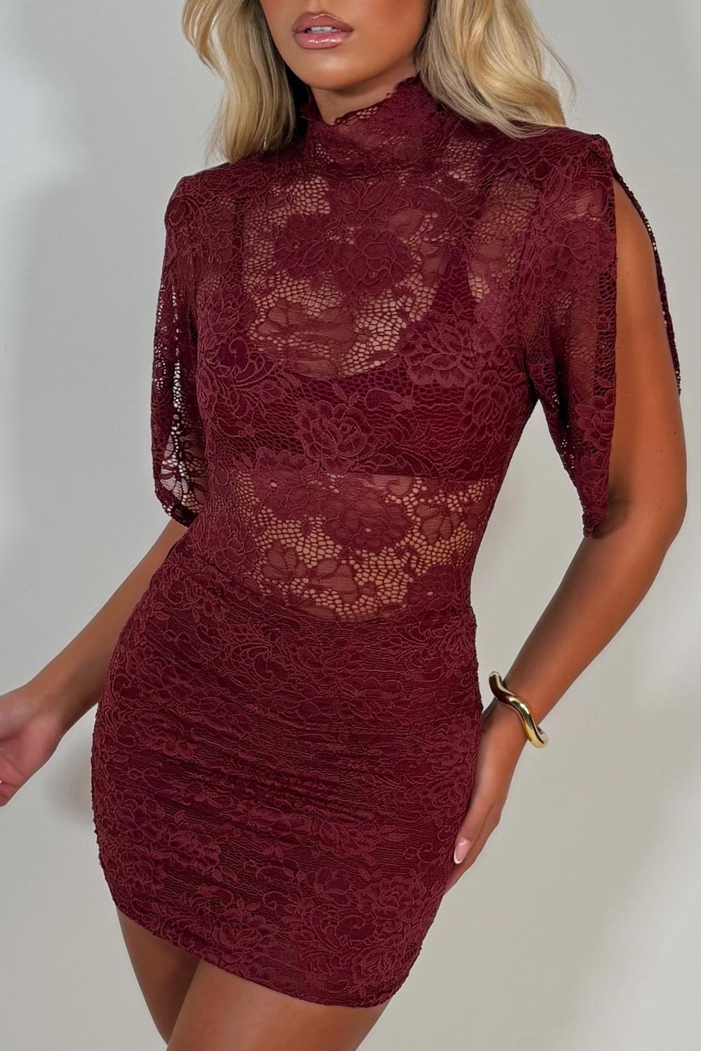 occasion dress with short sleeves in burgundy lace styledup uk