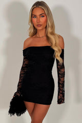 womens black lace dress with long sleeves off shoulder summer holiday festival outfit uk