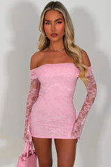 pink long sleeve off shoulder lace dress festival summer holiday outfit uk
