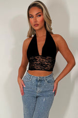 plunging halter neck crop top with lace hem styledup