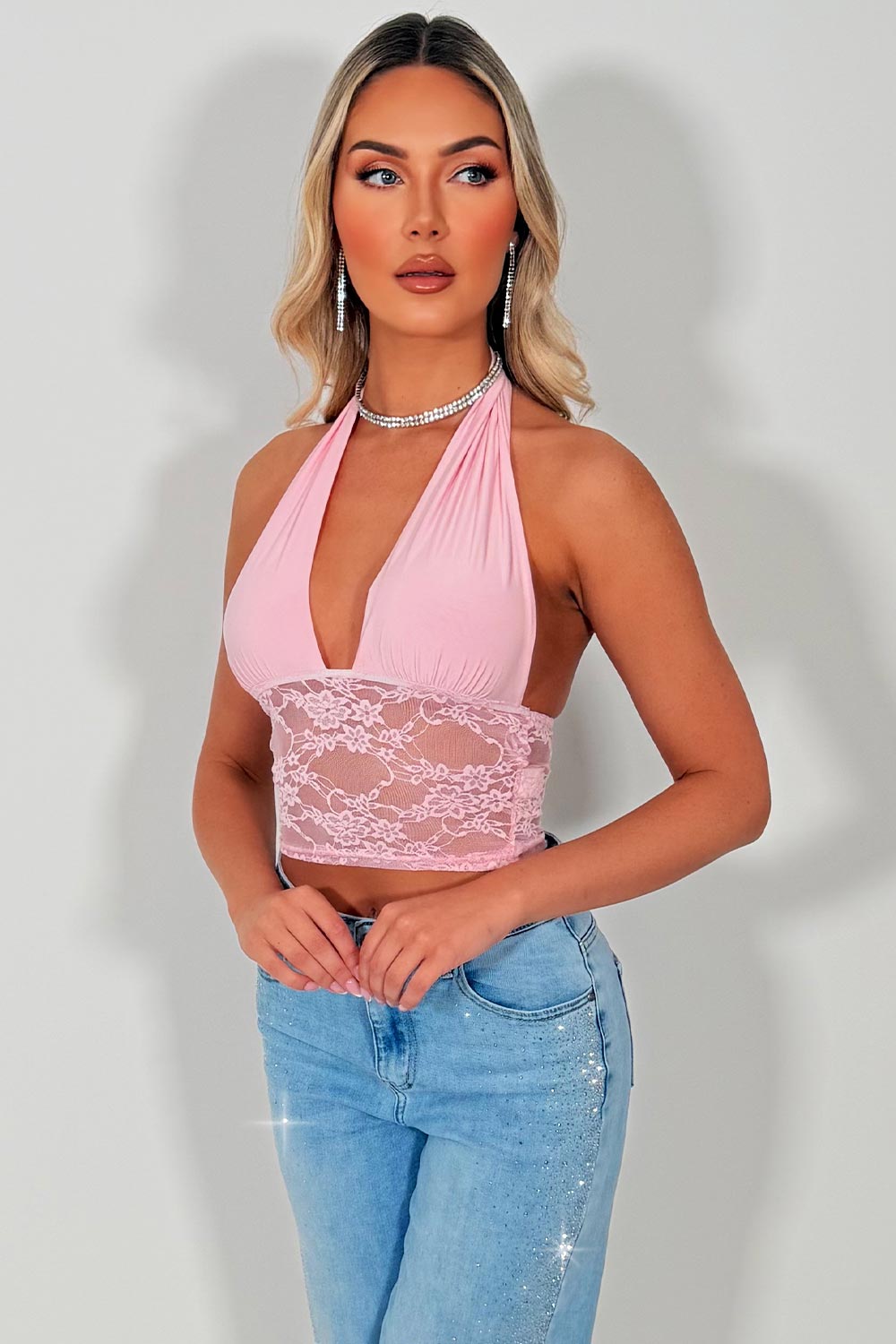plunge halter neck crop top with lace hem styledup