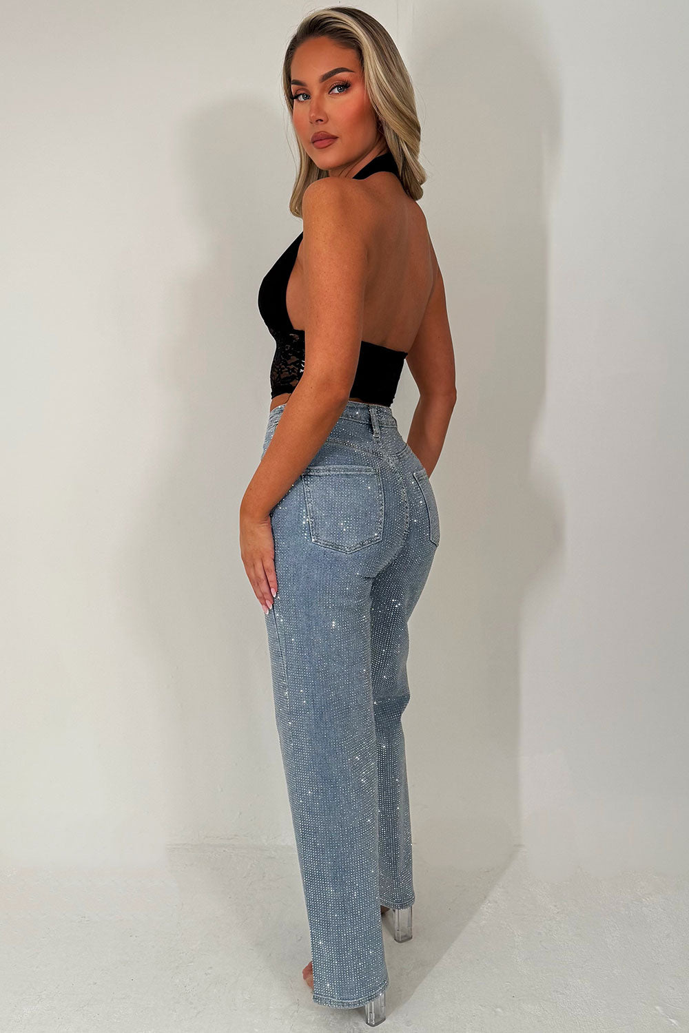 plunge halter neck crop top with lace hem styledup 