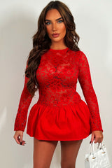 red long sleeve black lace puffball dress