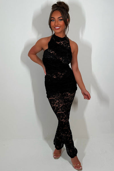 FLOWER LACE HOLLOW JUMPSUIT IN BLACK