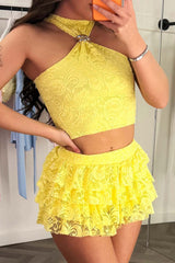 gold buckle halter neck lace top and ruffle frilly skirt two piece co ord festival going out holiday rave outfit uk styledup