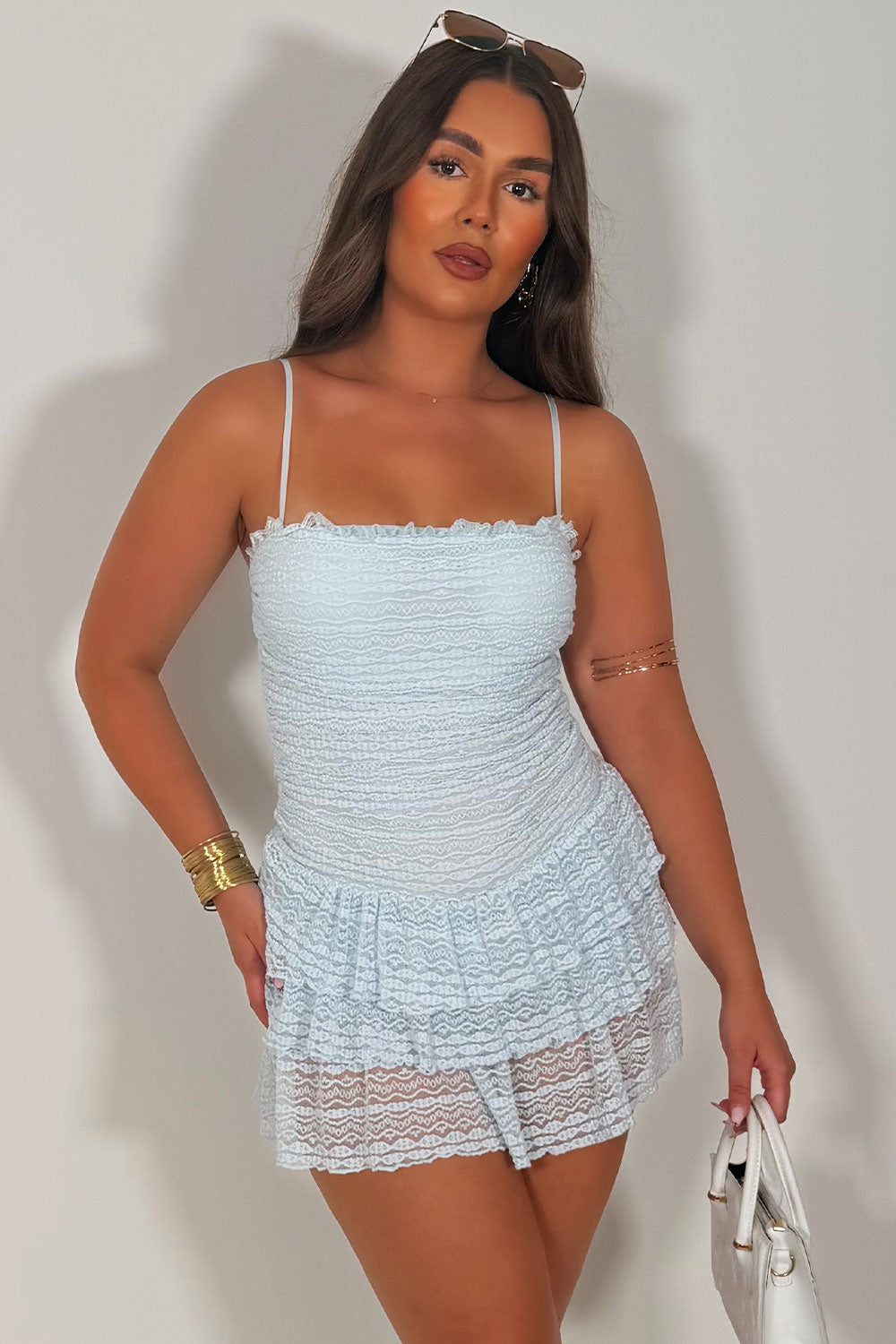 lace ruffle frilly mini dress sky blue summer holiday festival outfit styledup uk