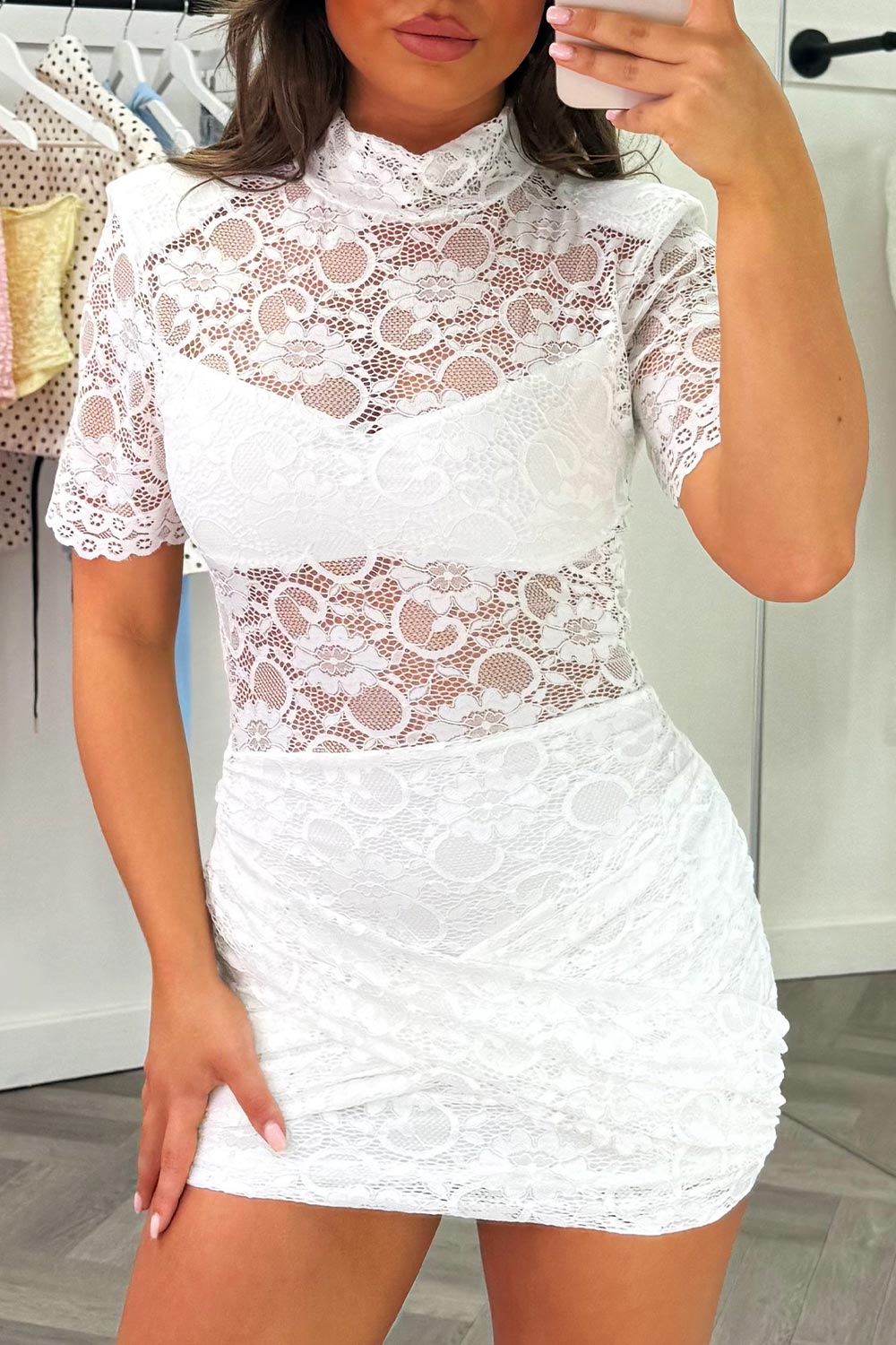 lace short sleeve high neck dress styledup uk