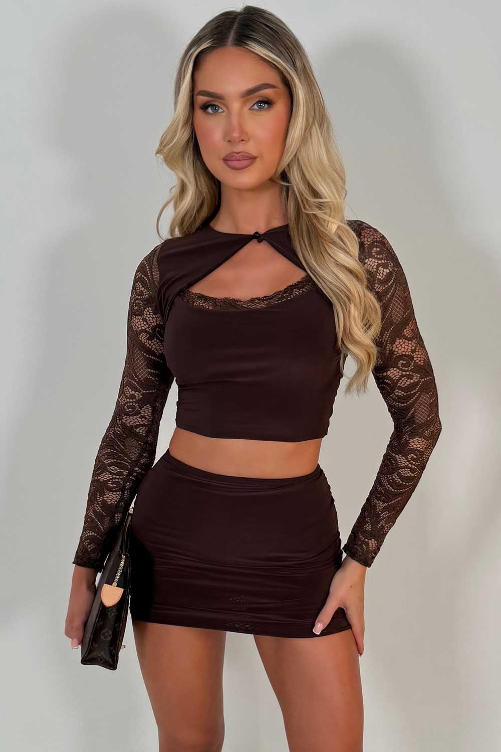 brown long sleeve crop top and mini skirt two piece night out christmas party outfit styledup uk