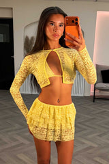 yellow ruffle frilly lace skort long sleeve crop top co ord set