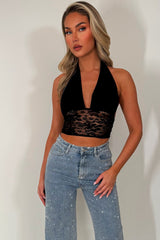 halter plunge neck crop top with lace hem styledup