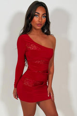 red mini dress with one long sleeve cut out lace inserts christmas party occasion outfit sttyledup