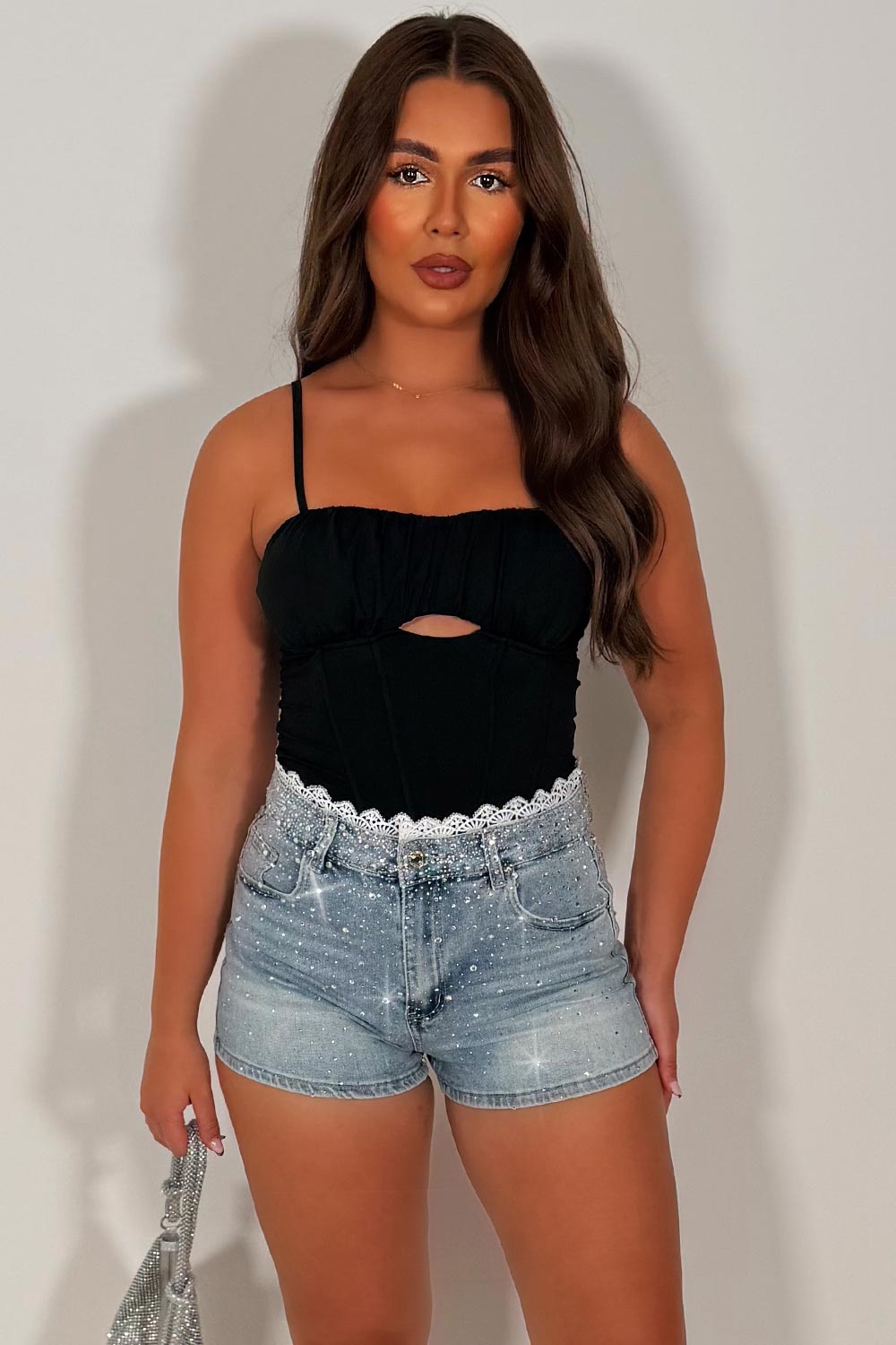 diamante rhinestone denim shorts with lace trim summer holiday outfit styledup uk