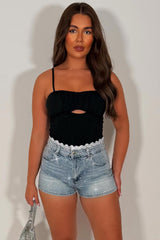 diamante rhinestone denim shorts with lace trim summer holiday outfit styledup uk