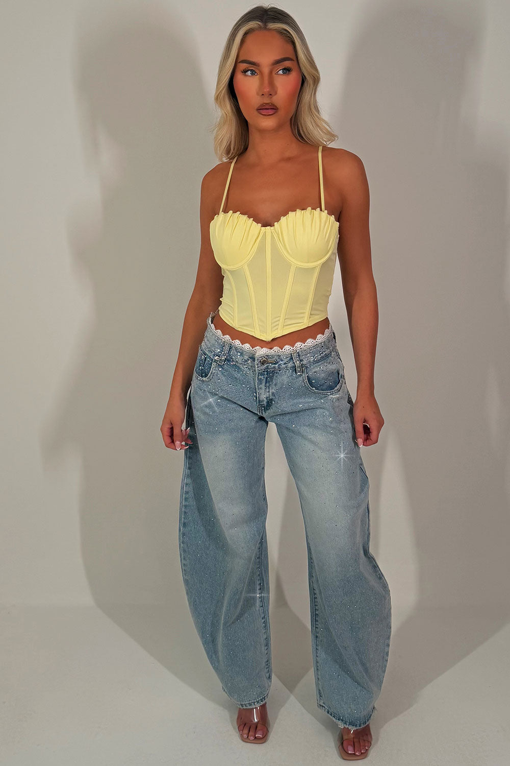 diamante rhinestone lace trim high waisted jeans denim grey womens zara uk