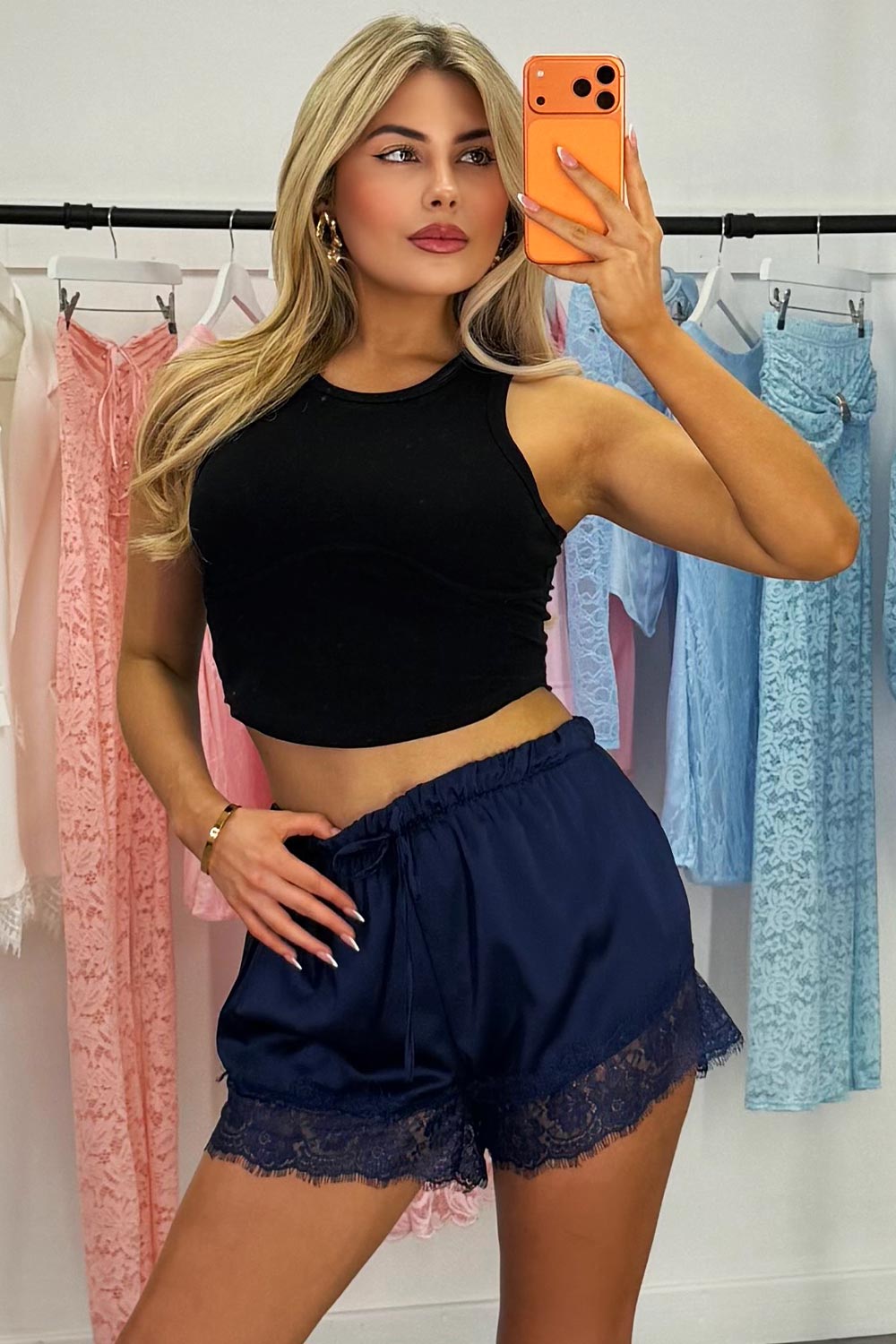 navy lace trim satin shorts going out festival outfit styledup 