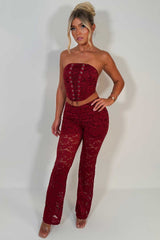 womens burgundy lace top and trousers co ord christmas party outfit styledup uk