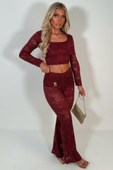 burgundy lace flared leg trousers and long sleeve top two piece co ord set for womens festival rave outfit christams party outfit styledup uk