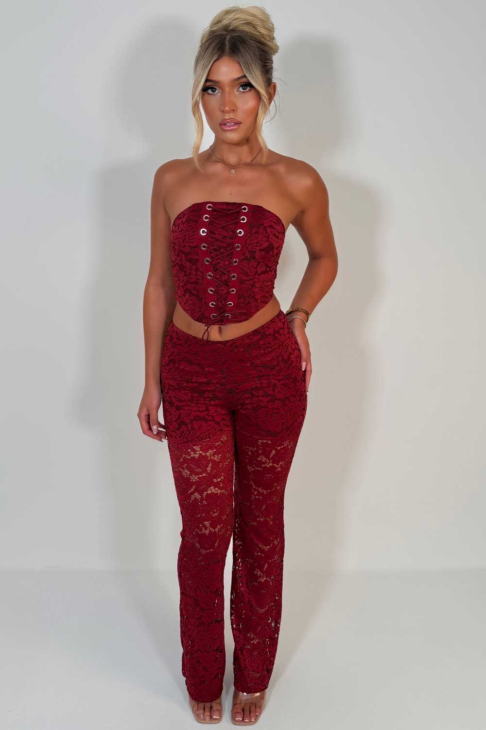 burgundy lace trousers and corset top two piece outfit styledup uk