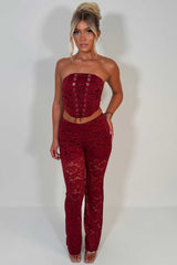 burgundy lace trousers and corset top two piece outfit styledup uk