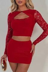 cut out mini skirt and long lace sleeve crop top co ord set red styledup uk