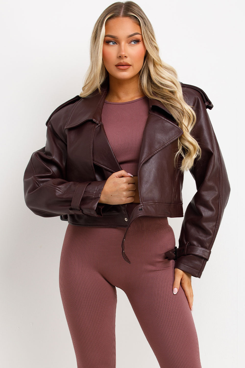 womens burgundy faux leather jacket with lapel collars zara uk