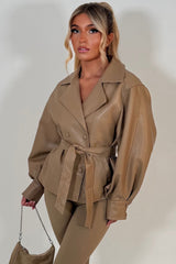 womens faux leather double breasted jacket with belt and lapel collars winter jacket styledup uk zara 