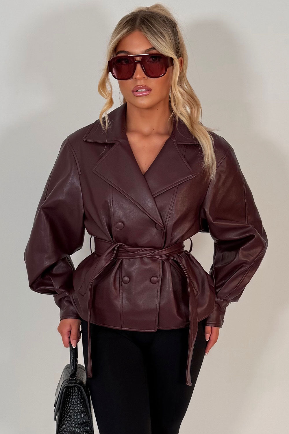 lapel collar faux leather winter jacket for womens with belt styledup uk