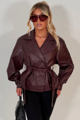lapel collar faux leather winter jacket for womens with belt styledup uk