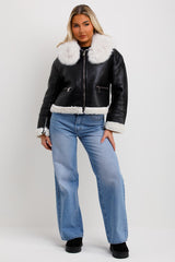 faux fur collar crop aviator jacket in faux leather