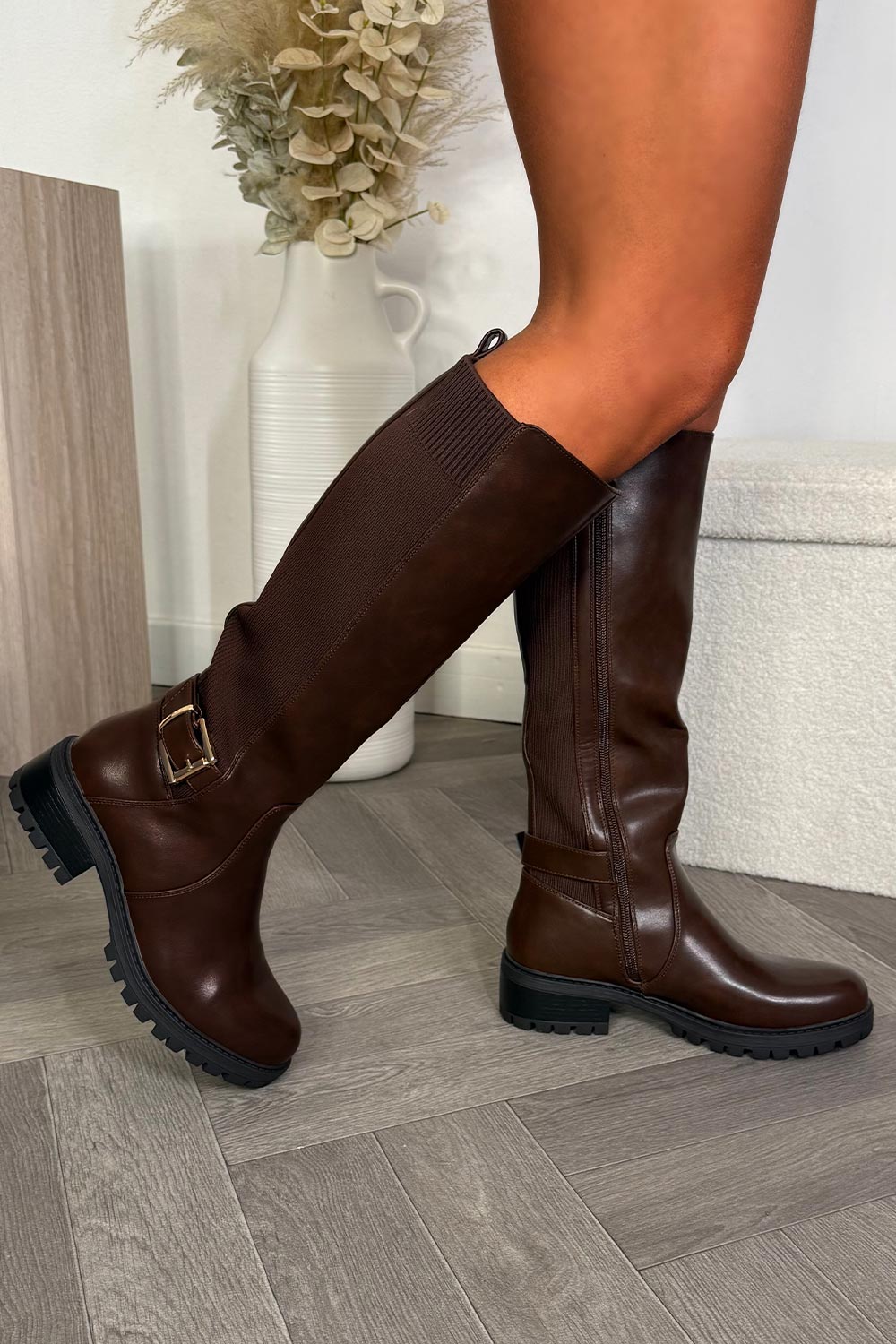 knee high boots brown faux leather uk