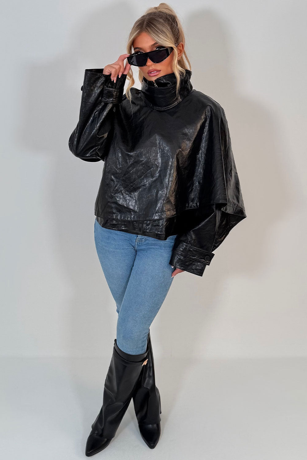 black leather look jacket with scarf detail trendy winter jacket styledup