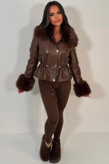 faux leather faux fur collar and cuff winter jacket trendy brown outerwear for womens uk styledup